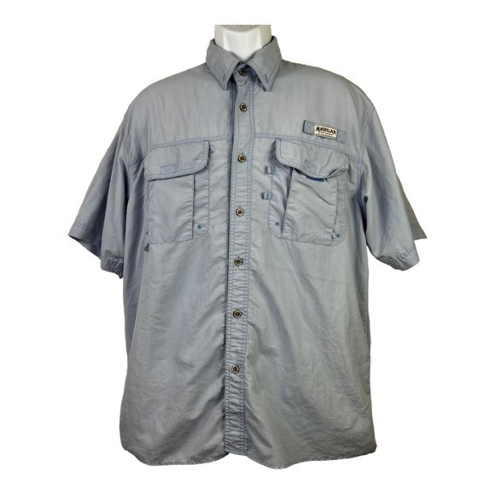 Maggelan Men Fishing Shirt Blue Buttons Down Size L